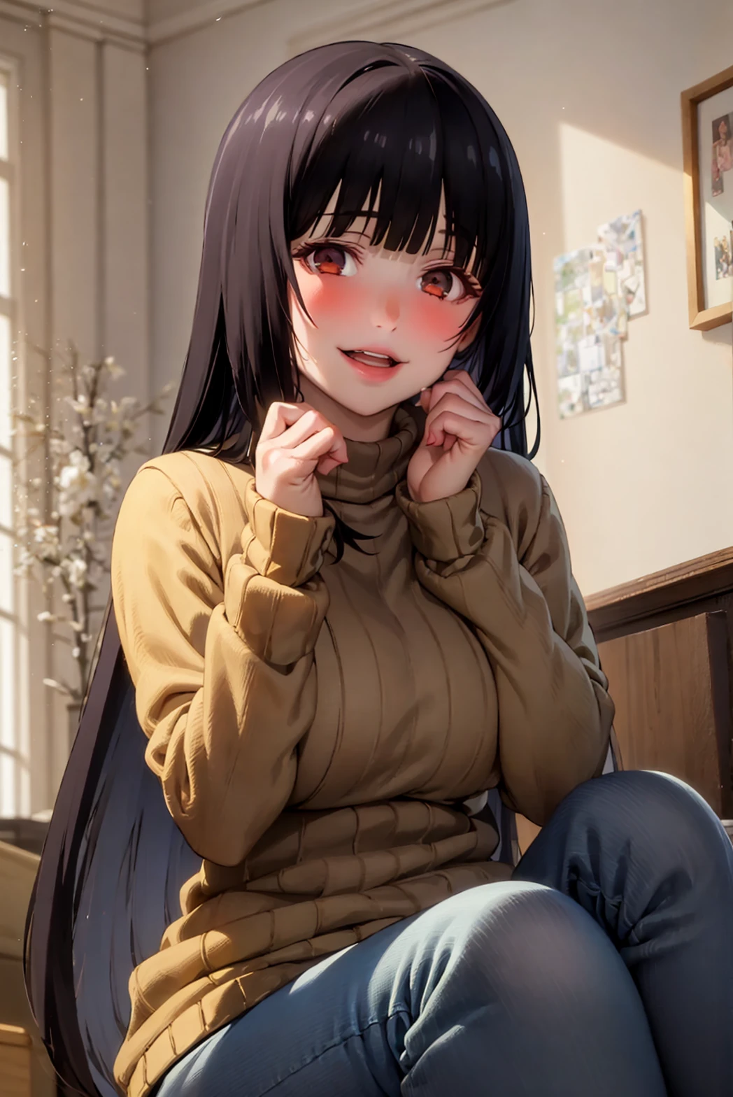 (best quality:1.1), (masterpiece:1.4), close up, portrait,
1girl, jabami yumeko, blunt bangs, black hair, looking at viewer,  smile, sitting, sweater, jeans
 <lora:Yumeko1x85x2x15xx:0.70>,