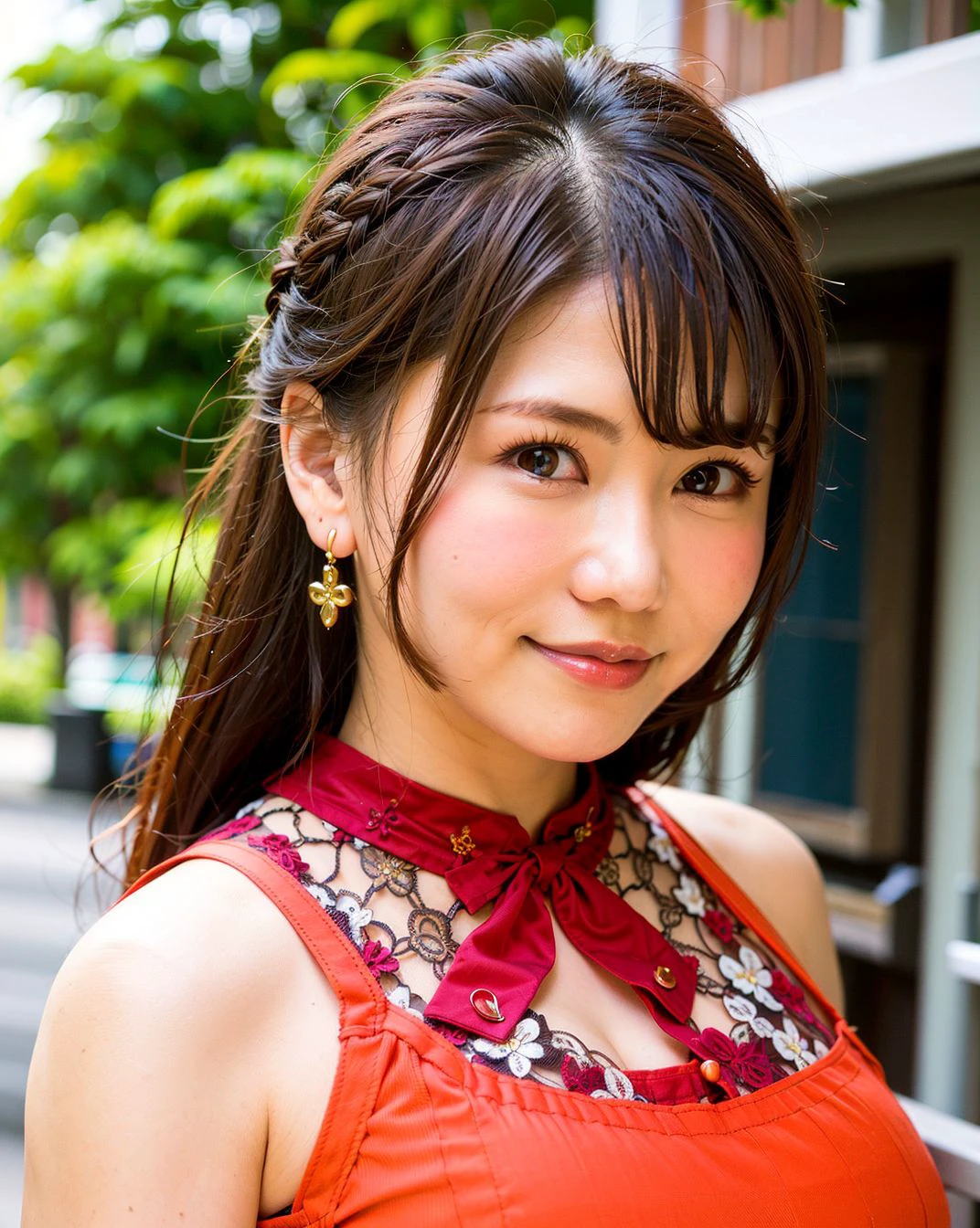 a woman posing on the street corner with orange dress on, best quality, 1girl, huge breasts, day, bright, blur background, outdoor, (street:0.8), (people, crowds:1), (lace-trimmed dress:1.2, orange sleeveless dress, printed dress, orange clothes:1.5, orange high-neck dress:1.5, orange dress: 1.5), gorgeous, (braided bangs, braided hair:1.5), beautiful detailed sky, beautiful earrings, (dynamic pose:1), (upper body:0.8), soft lighting, wind, shiny skin, smile, teeth, <lora:JAV_Anri_O_v1.0:0.65>