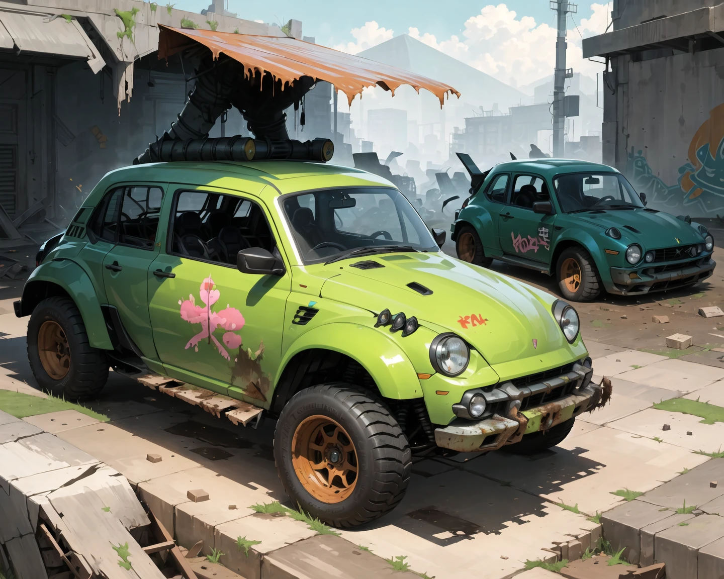 (masterpiece, best quality:1.1), ultra-detailed, (battlecar:1.1), (buggy:1.08), (painted neon green:1.05), vehicle focus, no humans, car, wheel, tire, debris, graffiti, rust, junkyard, dirty