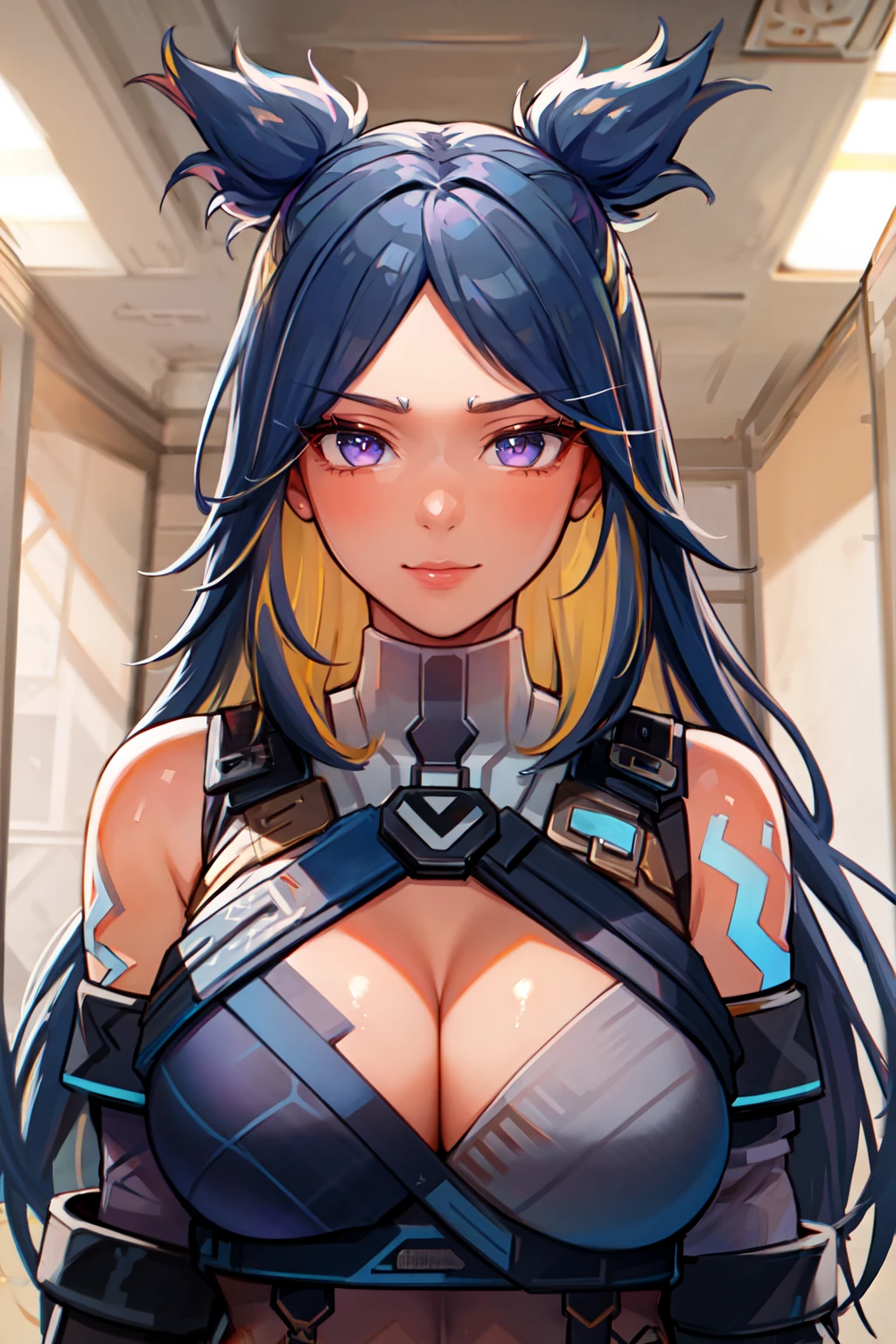 ((masterpiece)), (best quality), (detailed),(hires), (shining face, shining body), neonfx, neon_valorant, 1girl, solo, long hair, looking at viewer, large breasts  <lora:neon-10:0.75>