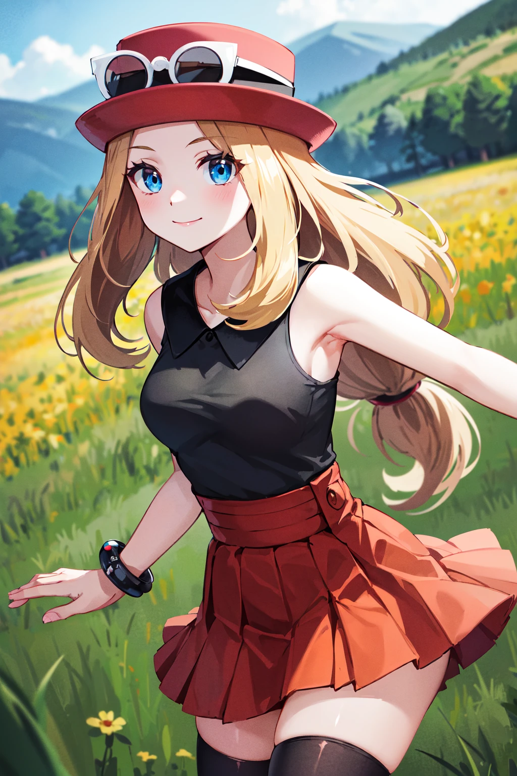 masterpiece, best quality, highres, blue eyes, serena \(pokemon\), 1girl, solo, thighhighs, long hair, hat, jewelry, bracelet, black thighhighs, collared shirt, pleated skirt, red skirt, sleeveless, high-waist skirt, sleeveless shirt, eyelashes, pink headwear, black shirt, eyewear on headwear, <lora:serena_v1:0.6>, upper body, field, smile, closed mouth,