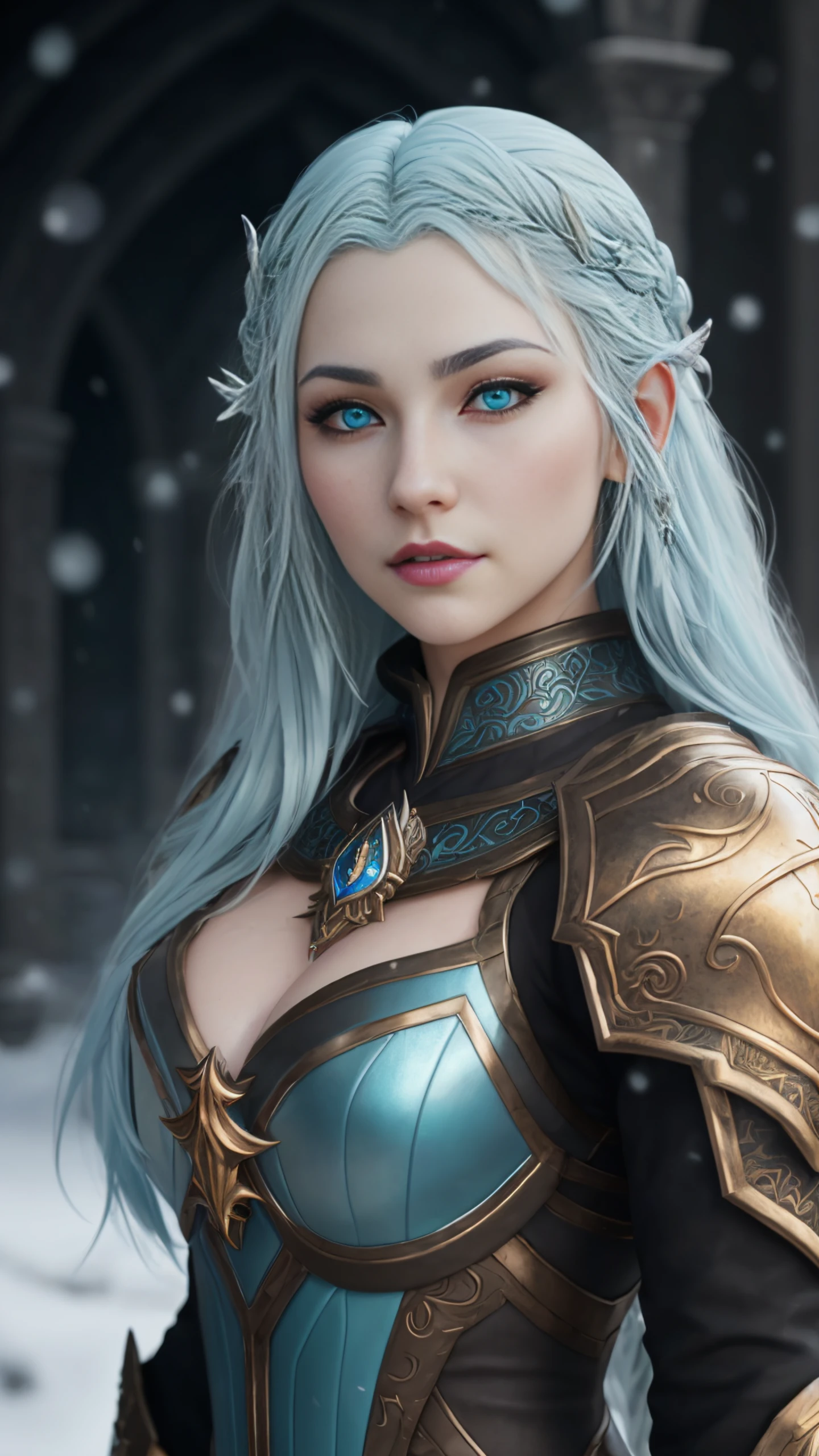 (RAW, analogue, Nikon Z 14mm ultra-wide angle lens, award-winning glamour photograph, ((best quality)), ((masterpiece)), ((realistic)), skin pores, subsurface scattering, radiant light rays, high-res, detailed facial features, high detail, sharp focus, smooth, aesthetic, extremely detailed, (extremely detailed eyes, extremely detailed iris), extremely detailed hair, extremely detailed skin, extremely detailed clothes, octane render, photorealistic, realistic, post-processing, max detail, realistic shadows, roughness, natural skin texture, real life, ultra-realistic, photorealism, photography, 8k UHD, photography, hdr, intricate, elegant, highly detailed, sharp focus, stunning, beautiful, gorgeous), full body, realistic digital painting of a gothic female blood elf, (wavy hair:1.1), (pale blue hair:1.3), (snow and ice), magic cloth armor with blue and black engrave in intricate details, (abstract background:1.1), (light particle:1.2), (very detailed skin:1.2), (game concept:1.3), (elden ring style:1.3), (arcane style:0.8), (depth of field:1.3), global illumination, art by hoang lap and fuji hoko and artgerm and greg rutkowski and viktoria gavrilenko
