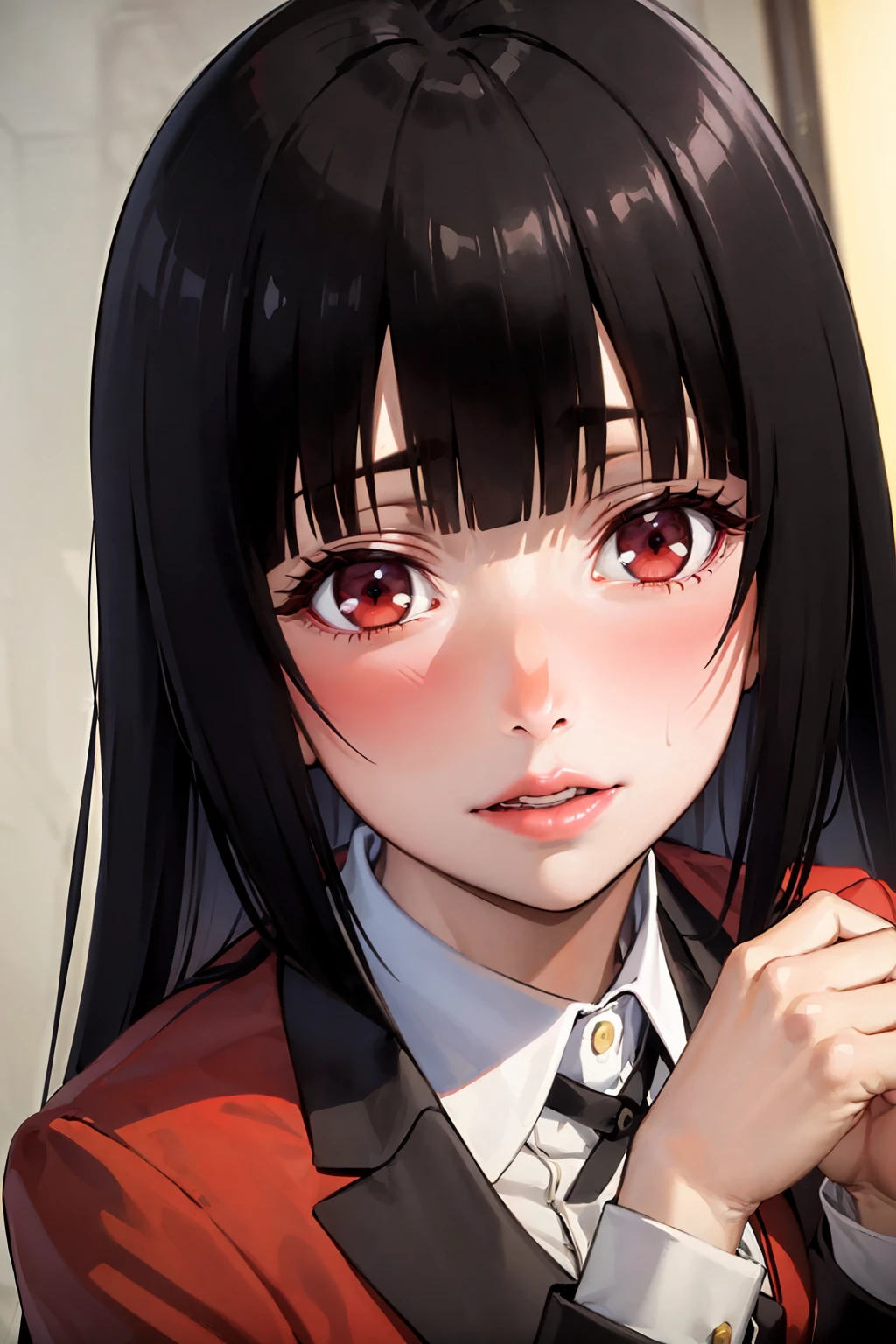 (best quality:1.1), (masterpiece:1.4), (absurdres:1.0), close up, portrait,
1girl, jabami yumeko, red school uniform, blunt bangs, black hair, black skirt, looking at viewer, 
 <lora:Yumeko1x85x2x15xx:0.55>,