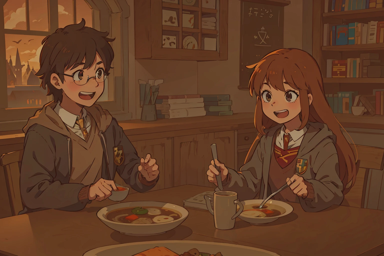 (best-quality:0.8),
(best-quality:0.8), perfect anime illustration, harry potter and hermione granger laughing with soup