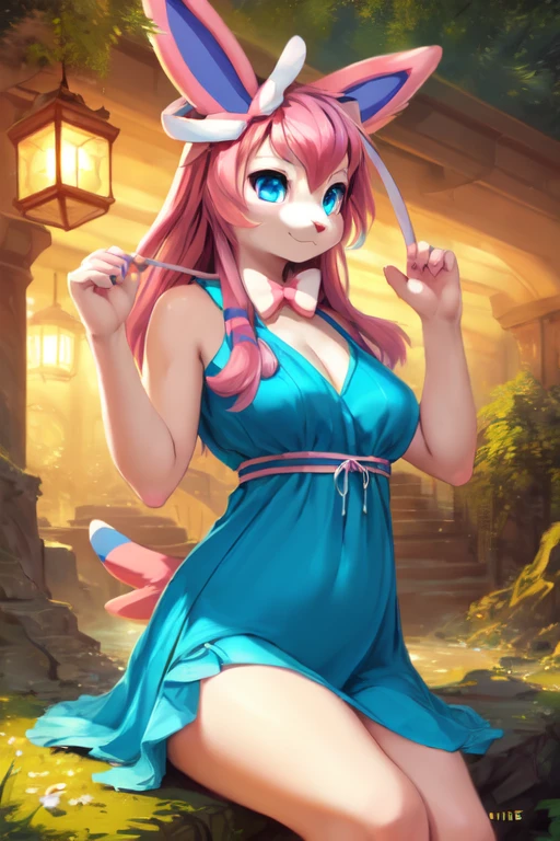 <lora:S1-Furry-Eeveeution:0.72>, Furry-Eeveeution,
uploaded on e621, by Pino Daeni, by Ruan Jia, by Shiitakemeshi, by Alayna Lemmer, by Carlo Galli Bibiena,
solo female ((white and pink and blue fluffy Sylveon)) with ((pink hair)) and (pink and white bow ribbon) and (clear blue eyes),
((half-length portrait)),
((((clothing)))), ((((wear azure dress)))),
(((detailed Chunie anthro [Sylveon]))), (detailed Chunie lighting), (detailed fur), [detailed Shiitakemeshi skin], [detailed ambient light], [detailed face and eyes],
((kneeing at swamp with lantern on midnight)), (cinematic lighting), [starry],
((close-up)), (side view), ((half body shadow)), backlighting, crepuscular ray,
[gray natural lighting], [ambient light on the belly], [higher body and limbs detail],
[realistic proportions], [explict content], [sharp focus], (questionable content), (shaded), ((masterpiece))