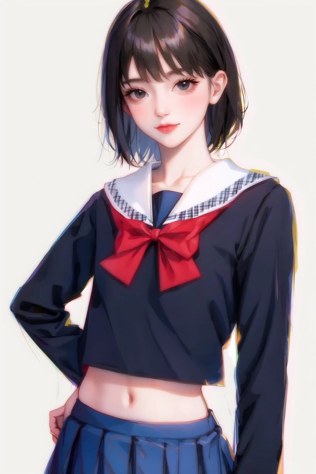 1girl, bangs, black eyes, black hair, blue shirt, blue skirt, bow, bowtie, brown hair, fashi-g, closed mouth, long sleeves, looking at viewer, medium hair, pleated skirt, red bow, red bowtie, sailor collar, school uniform, serafuku, shirt, short hair, skirt, solo, white background