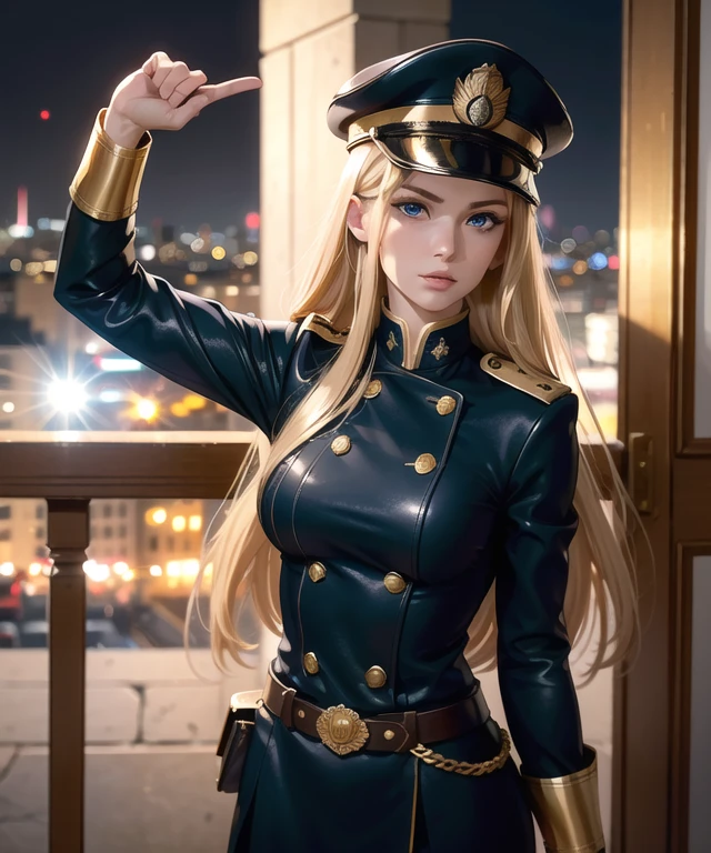 woman in her 20s, (perfect face), defined jawline, deep beautiful dark blue eyes, long flowing blonde hair, in military uniform, gold trimming in outfit, brown leather belt with gold buckle, medals on her chest, rank symbol on arm, military cap with gold symbol, posing seductively on balcony, city capitol background, warm lighting, (medium shot photograph), looking at viewer, realistic