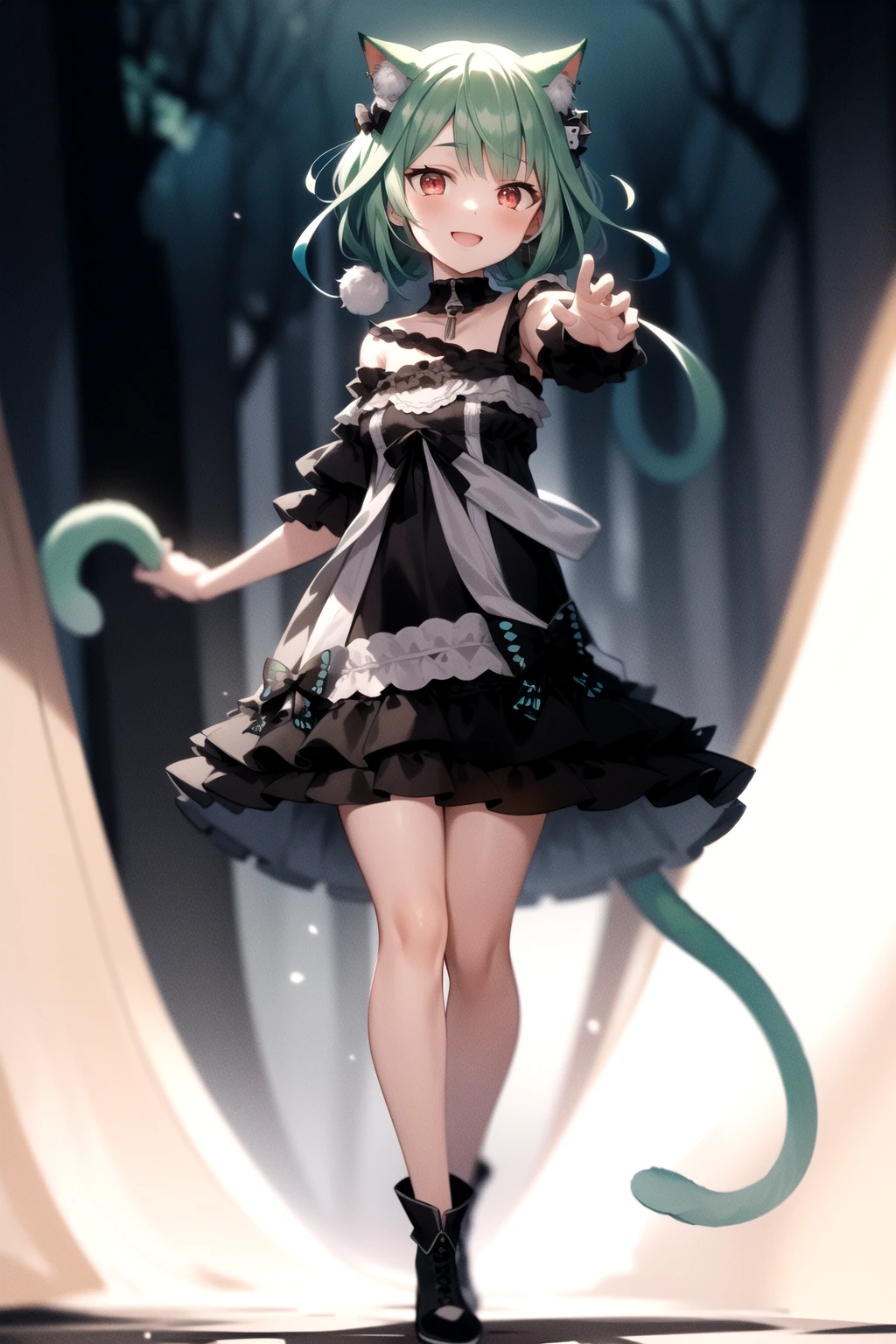 2d, masterpiece, best quality, anime, highly detailed face, highly detailed eyes, highly detailed background, perfect lighting, full body, 1girl, solo, rushia_neko, green hair, short hair, low twintails, cat ears, cat tail, black dress, standing, dynamic pose, smile, forest <lora:rushia-05:1>