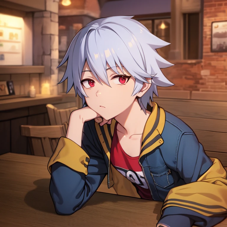 extreme detail, ultra-detailed, illustration, extremely detailed CG unity 8k wallpaper, <lora:Soul Evans:0.7>, Soul Evans, denim jacket, upper body, cafe
