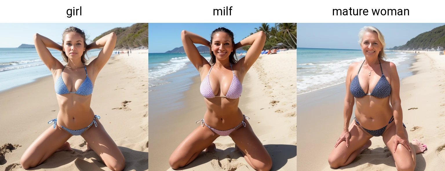 arms behind head, gorgeous girl wearing bikini at beach, kneeling down on sand with spread legs