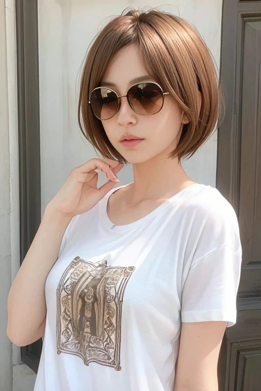 (1girl), (best quality), (masterpiece), (high resolution), (intricate details), (photorealistic), (cinematic light) <lora:SBobHaircut:0.6>
brown hair, solo, sunglasses, realistic, short hair, shirt, lips, upper body, t-shirt, white shirt