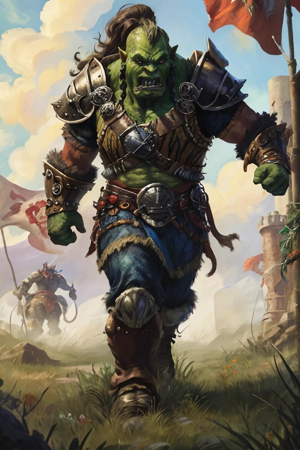 zrpgstyle, medieval fantasy portrait armored (green-skin:0.1) orc warrior charging into battle violent roar spittle raging angry arms up greaves boots standing in a crowd of warriors red banners windy dust debris storm fantasy stone castle bright morning light from side, (masterpiece:1.2) (illustration:1.2) (best quality) (detailed) (intricate) (8k) (HDR) (wallpaper) (cinematic lighting) (sharp focus)