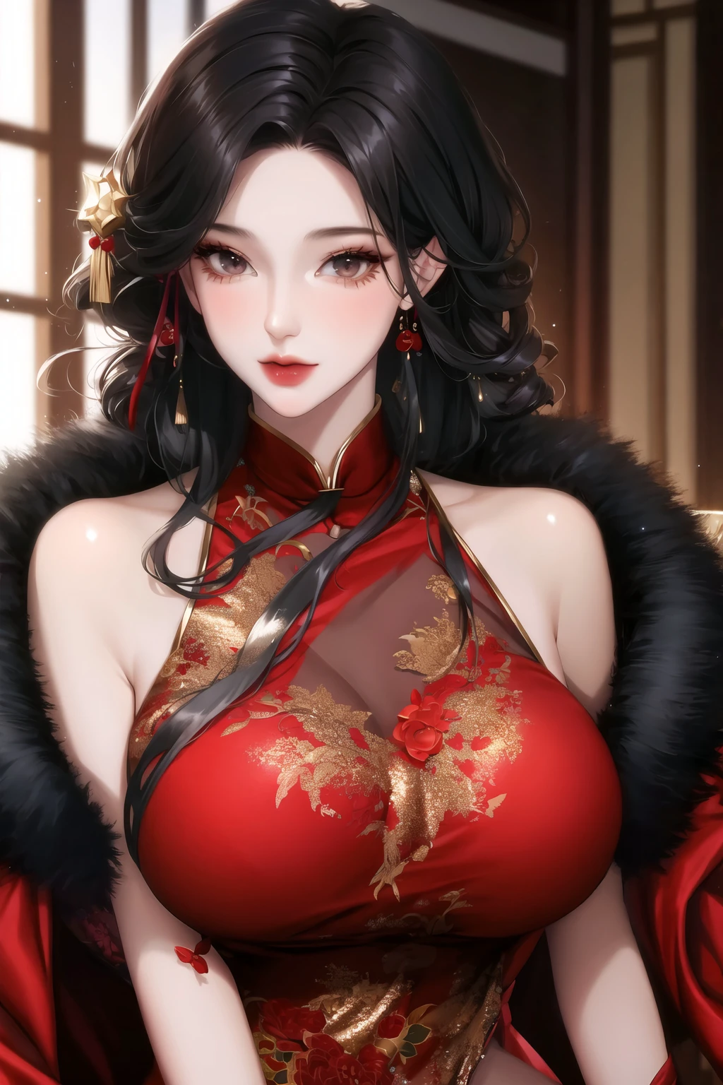 Realistic, 1 girl, see-through chinese armor soft red black, very large breasts, black hair, red lips, detailed eyes , dark backgrou, Royal style,