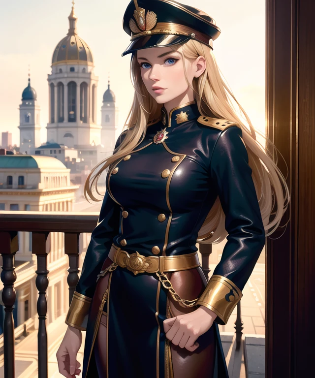 woman in her 20s, (perfect face), defined jawline, deep beautiful dark blue eyes, long flowing blonde hair, in military uniform, gold trimming in outfit, brown leather belt with gold buckle, medals on her chest, rank symbol on arm, military cap with gold symbol, posing seductively on balcony, city capitol background, warm lighting, (medium shot photograph), looking at viewer, realistic