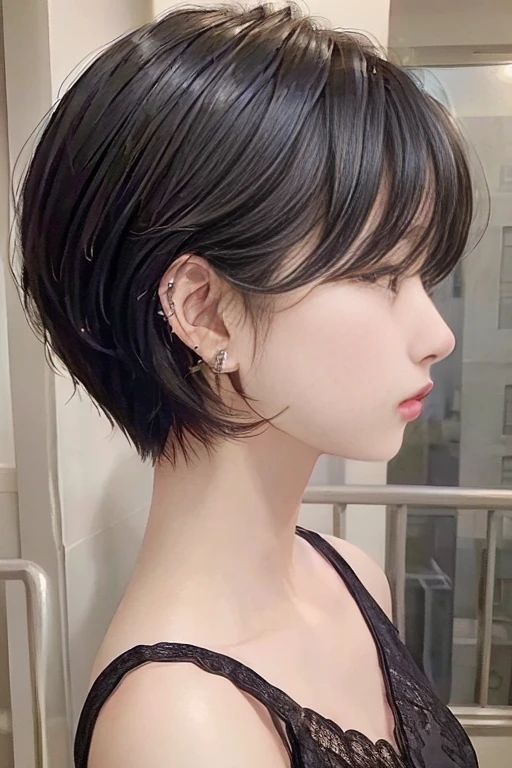 (1girl), (best quality), (masterpiece), (high resolution), (intricate details), (photorealistic), (cinematic light) <lora:SBobHaircut:0.8>
solo, earrings, jewelry, short hair, black hair, hair over eyes, lips, portrait, profile