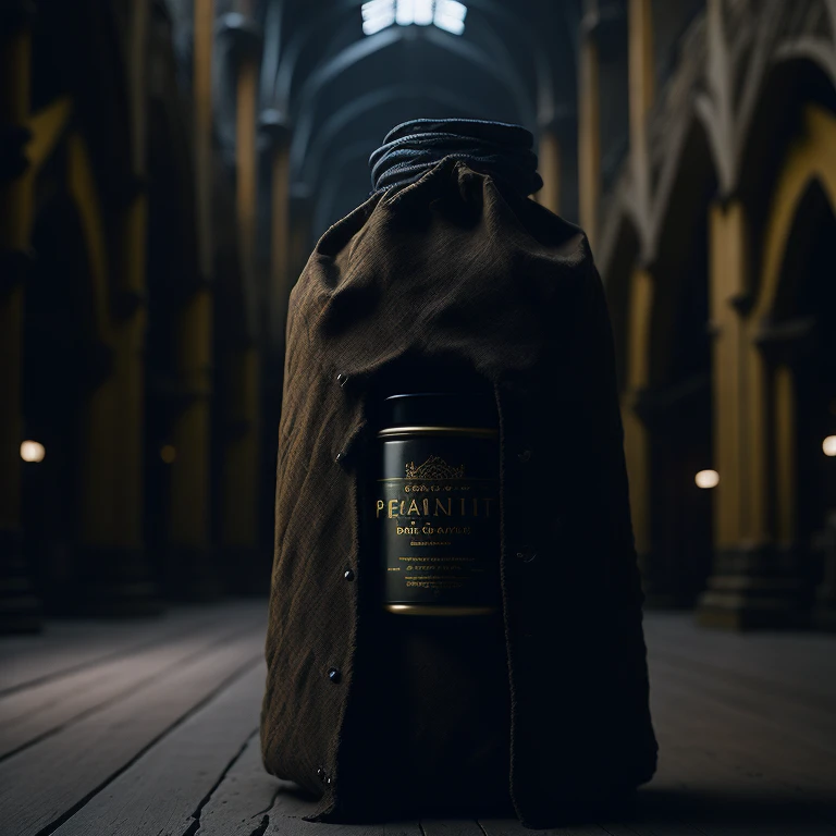 photo of a jar of peanut butter, wrapped in a dark cloak, in a dark cathedral