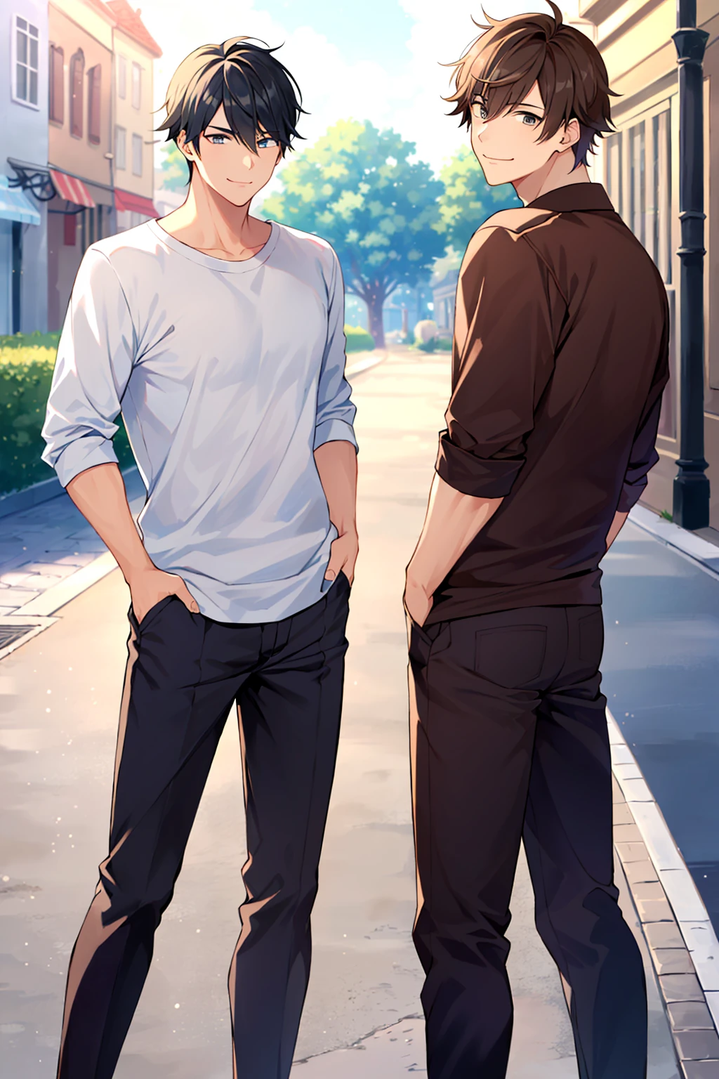 masterpiece, best quality, two handsome guys standing next to each other, 2boys, male focus, multiple boys, looking at viewer, smile, closed mouth, street, day