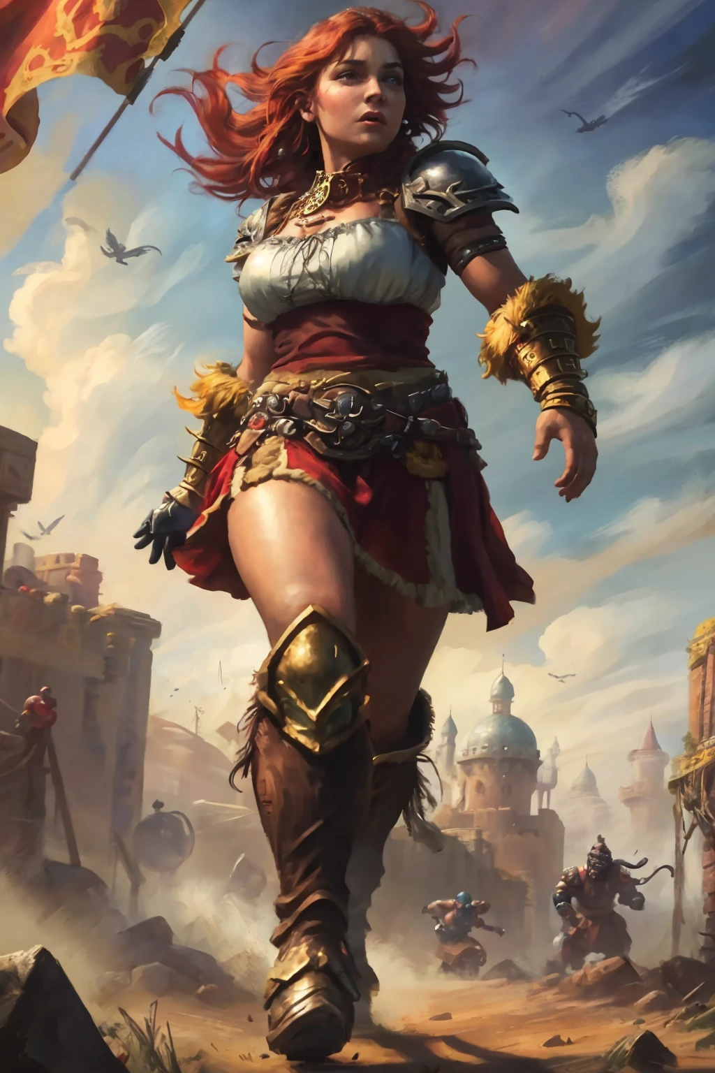 zrpgstyle, medieval fantasy portrait armored muscular female dwarf barbarian warrior serious charging into battle arms up greaves boots standing in a crowd of warriors red banners windy dust debris storm fantasy stone castle bright morning light from side, (masterpiece:1.2) (illustration:1.2) (best quality) (detailed) (intricate) (8k) (HDR) (wallpaper) (cinematic lighting) (sharp focus)