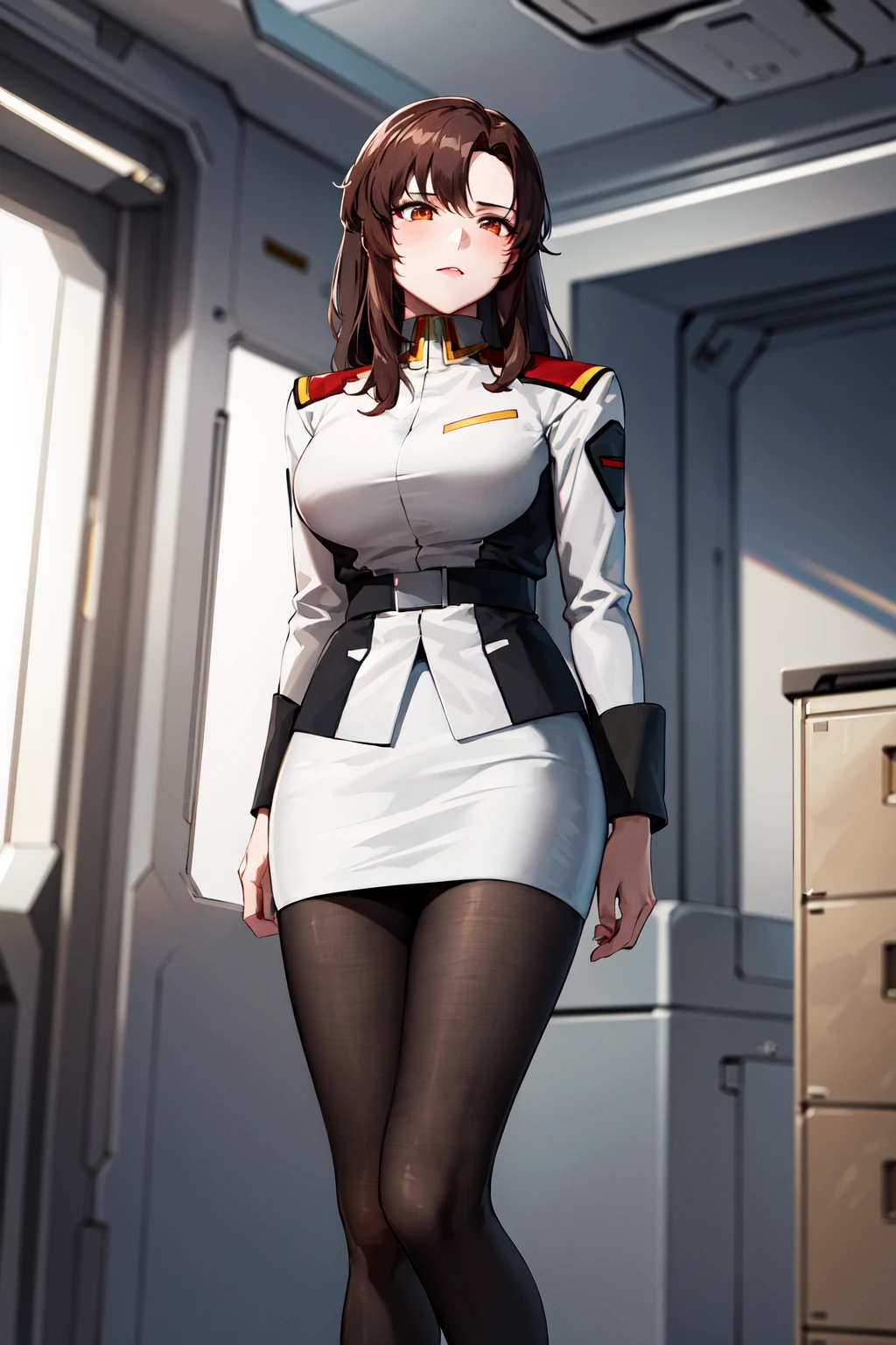 masterpiece, best quality, highres, ramius1, 1girl, solo, (black_pantyhose:1.1), military uniform, military, makeup, white shirt,  white skirt, tight skirt, <lora:murrue_ramius_v1:0.7>, spacecraft, indoors,