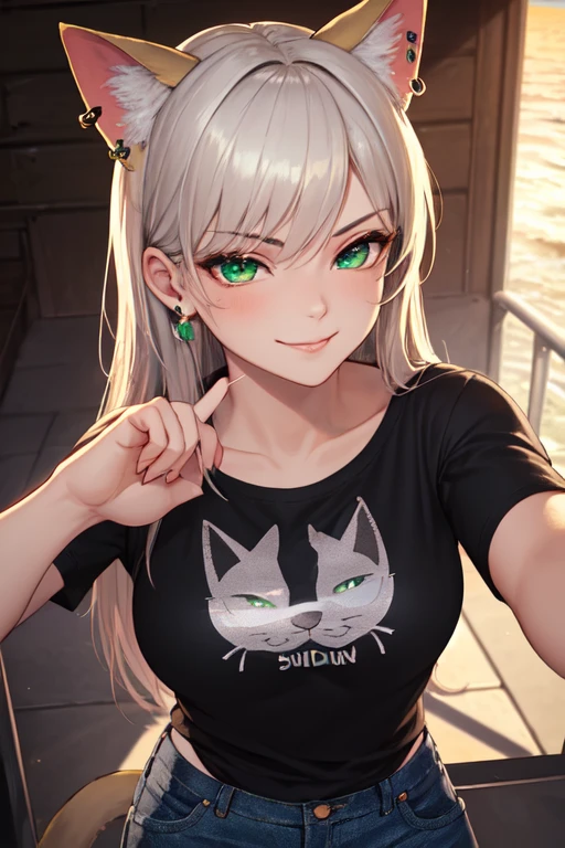 (masterpiece, best quality, ultra-detailed, highres),perfect face, sidelighting, lustrous skin,(bloom), (shine), ray tracing, sci-fi, 1girl, solo, wearing a band tshirt, denim jeans, (cat ears, animal ears), (holographic green eyes),earrings, long_hair,(mature),depth_of_field,very detailed background,extreme light and shadow,(detailed eyes), (beautiful) beautiful detailed eyes, (seductive smirk), island scene background, perfect lighting , perfect anatomy, upper body ,close up , pov