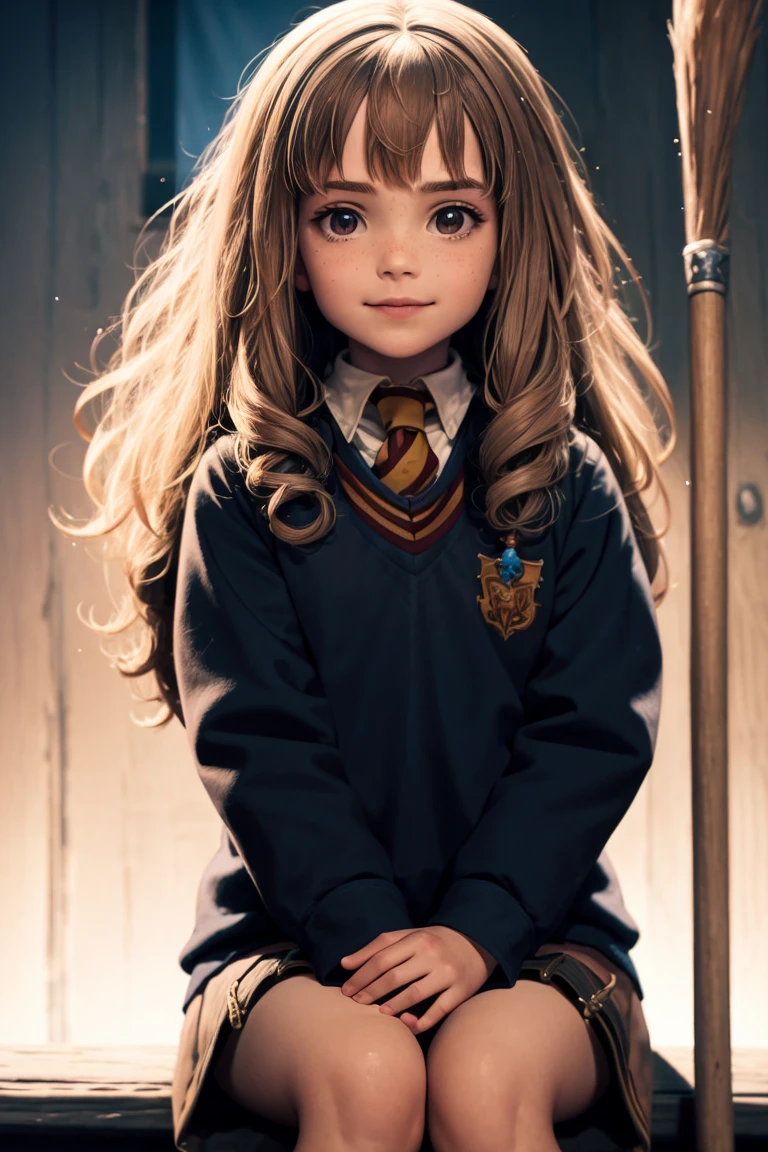 1girl, solo focus, , light freckles, (9 year young girl (riding a broomstick) at hogwarts, sitting on broom, flying a broom in the sky, hermione granger, <lora:Fonglets_Hermione_Granger:0.8>