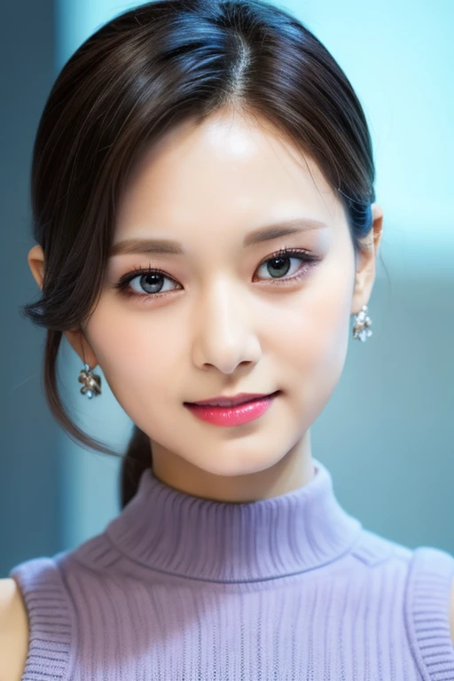 (RAW photo, best quality), (realistic),photo, best quality ,masterpiece, an extremely delicate and beautiful, extremely detailed, CG ,unity, 2k wallpaper, finely detail, masterpiece, best quality, huge filesize, ultra-detailed, highres, extremely detailed, 1girl, slim body,(cropped blue turtleneck, short sleeve,),medium full shot, porcelain skin, 1girl, solo, jewelry, earrings, brown hair, long hair, realistic, extremely detailed face, extremely detailed eyes, ((smile)), rainy , tzuyu, chewy, <lora:xelors_TwiceTzuyu_V2.0:0.8>