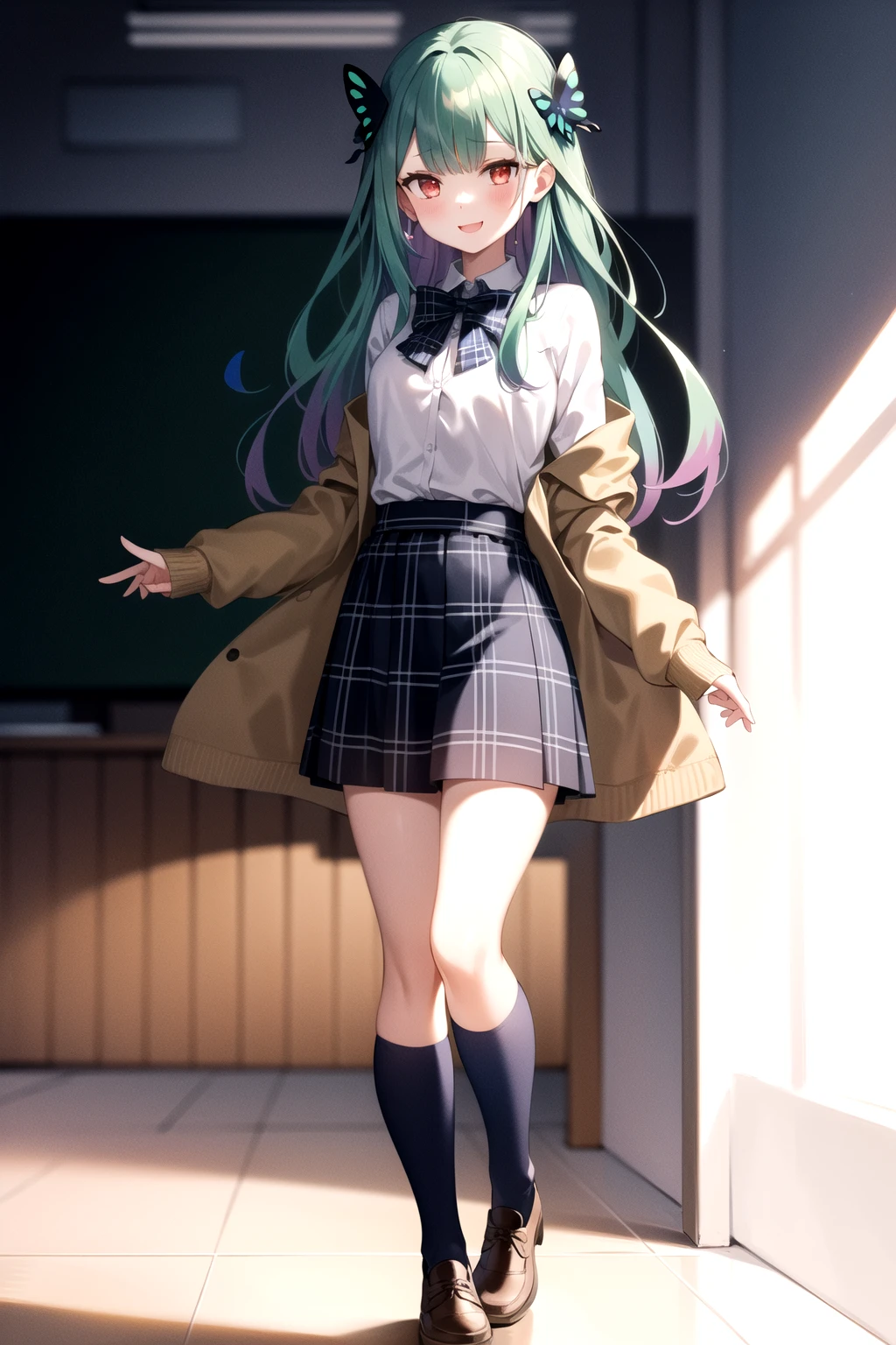 2d, masterpiece, best quality, anime, highly detailed face, highly detailed eyes, highly detailed background, perfect lighting, full body, 1girl, solo, rushia_school, green hair, long hair, collared shirt, plaid skirt, blue bowtie, open cardigan, butterfly hair ornament, standing, dynamic pose, smile, classroom <lora:rushia-05:1>