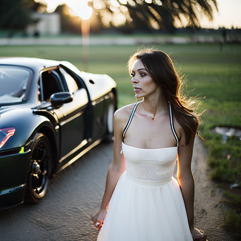 (Sports car in Vilnius, Lithuania Spiritual atmosphere Backlighting:2) and closeup portrait of a young sexy Ukrainian woman with revealing Fit and flare dress in Spa retreat , symmetrical face, Outdoor lighting, Brooding atmosphere, sharp eyes