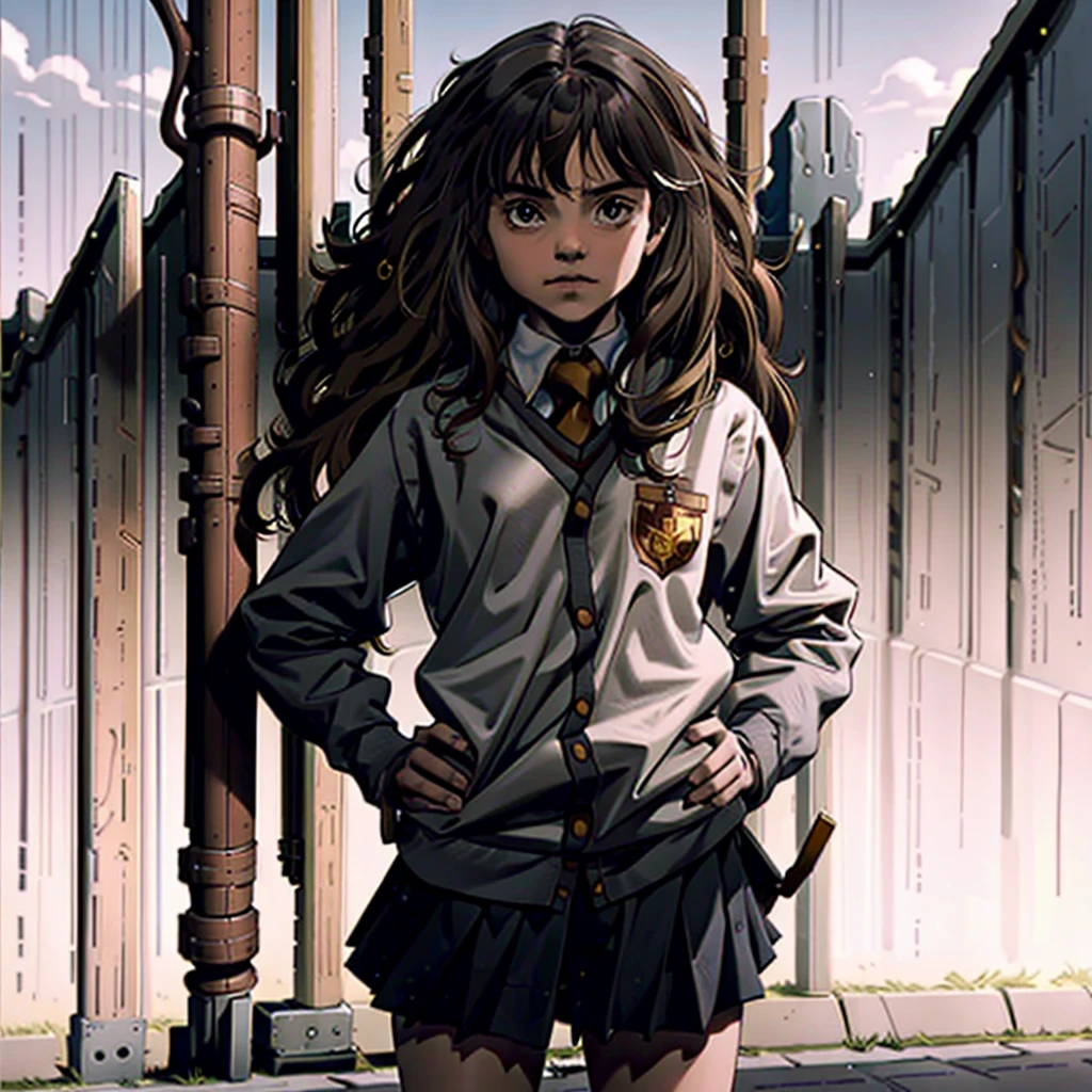 1girl, solo focus, , brown eyes, (11 yeyoung girl standing at school gate, white shirt, untucked shirt, grey skirt, establishing shot, grey socks, hermione granger, <lora:fonglets_hermione_granger:0.9>