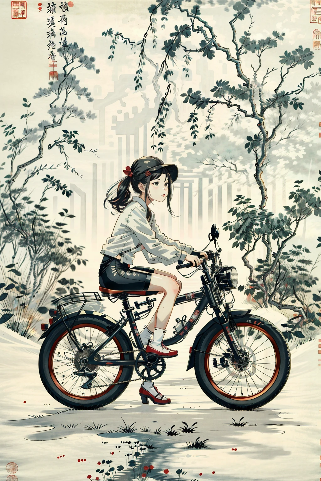 photo of a girl ,tangbohu style bike <lora:tangbohu:1> <lora:gachaSplashLORA_gachaSplashWideShot:0.2>