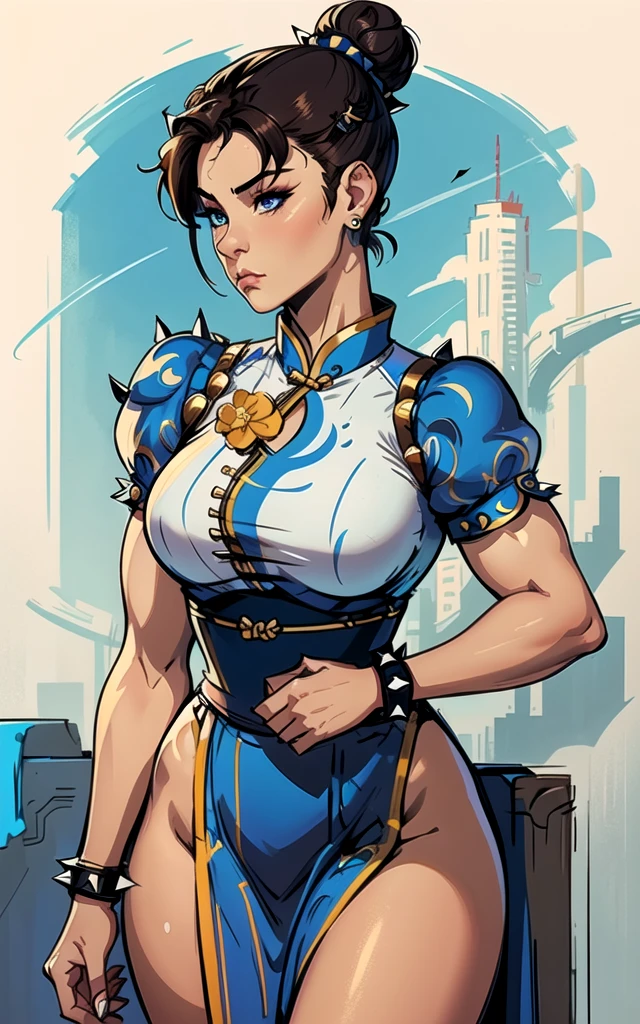 masterpiece, best quality, profile of 1girl, chun-li, solo, view from far, brown hair, earrings, double hair bun, bun cover, blue chinese clothes, short sleeves, eyeshadow, makeup, closed mouth, sash, medium breasts, bracelet, spikes, short hair, big hips, muscular legs, painting, long shot
