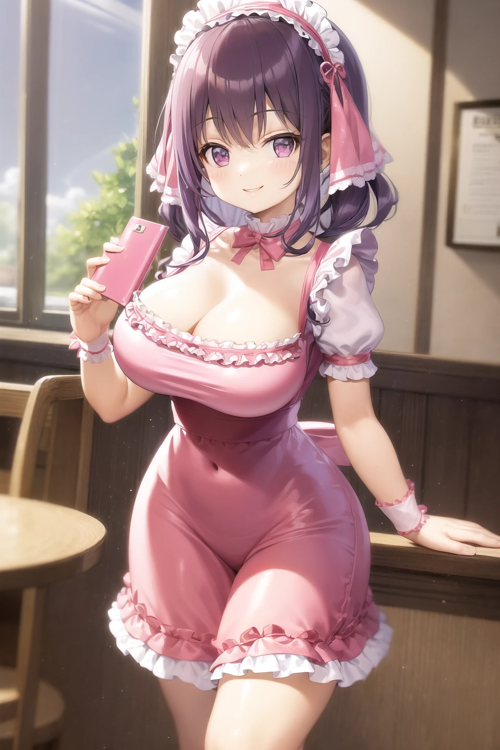 smile, looking at viewer, wide hips, large breasts, (polka dot print), (pink maid outfit), indoors, cafe, frilled hairband, purple hair, <lora:CutesyV2:0.6>