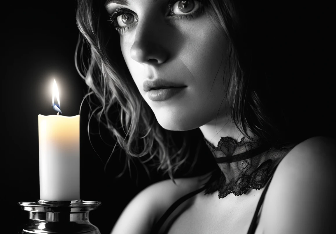 award winning (closeup photo:1.2) of a beautiful woman in an abandoned house, erotic pose, black lace dress, deep shadow, (candle light:1.3), moody and melancholic atmosphere with black background by lee jeffries nikon d 850 film stock photograph 4 kodak portra 400 camera f1.6 lens rich colors hyper realistic lifelike texture dramatic lighting unrealengine trending on artstation cinestill 800