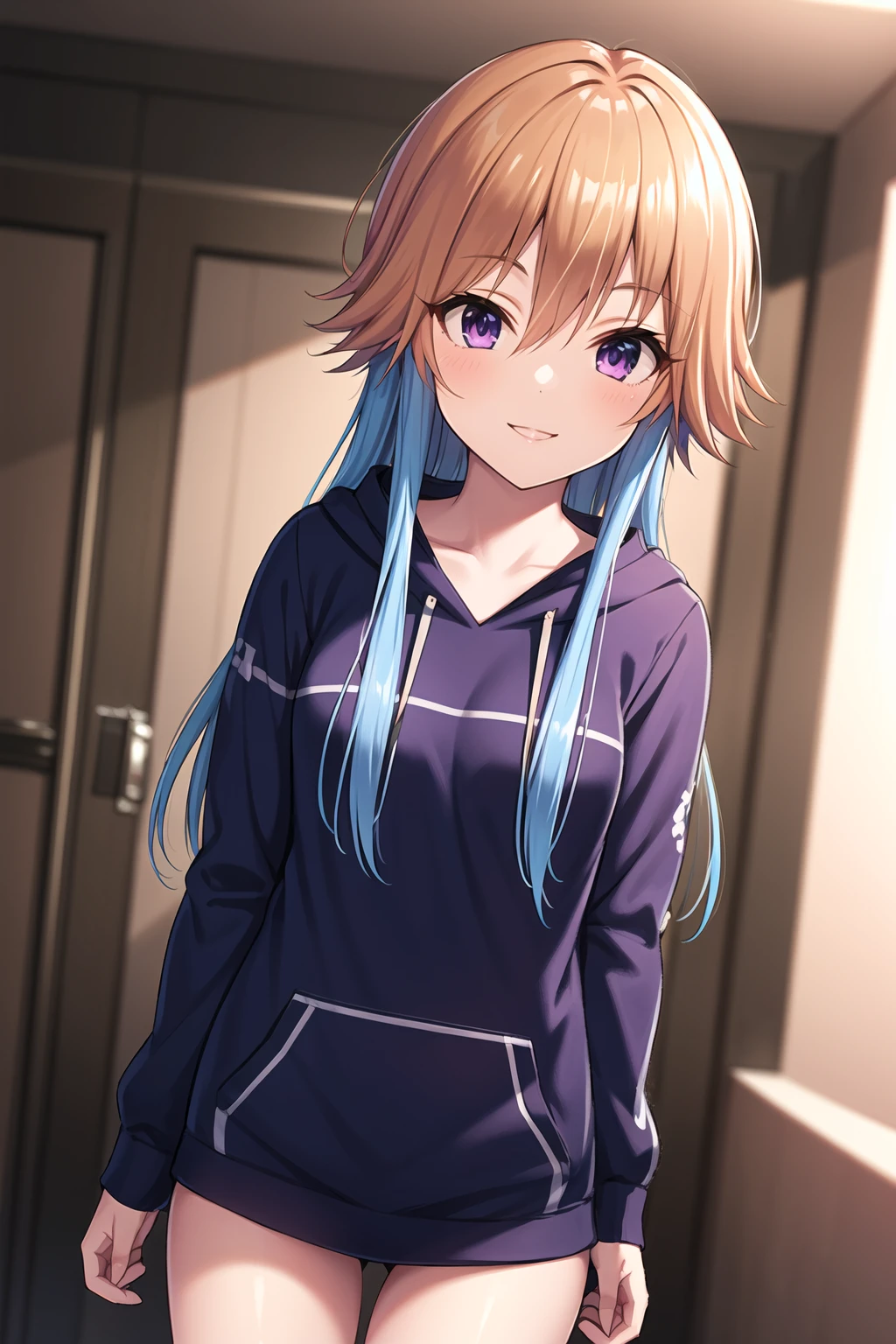 <lora:ninomiya asuka:0.5>,ninomiya asuka,
masterpiece,best quality,ultra-detailed,highres,
solo,1girl,
orange hair,long hair,bangs,blue hair,purple eyes,hoodie,cowboy shot, smile