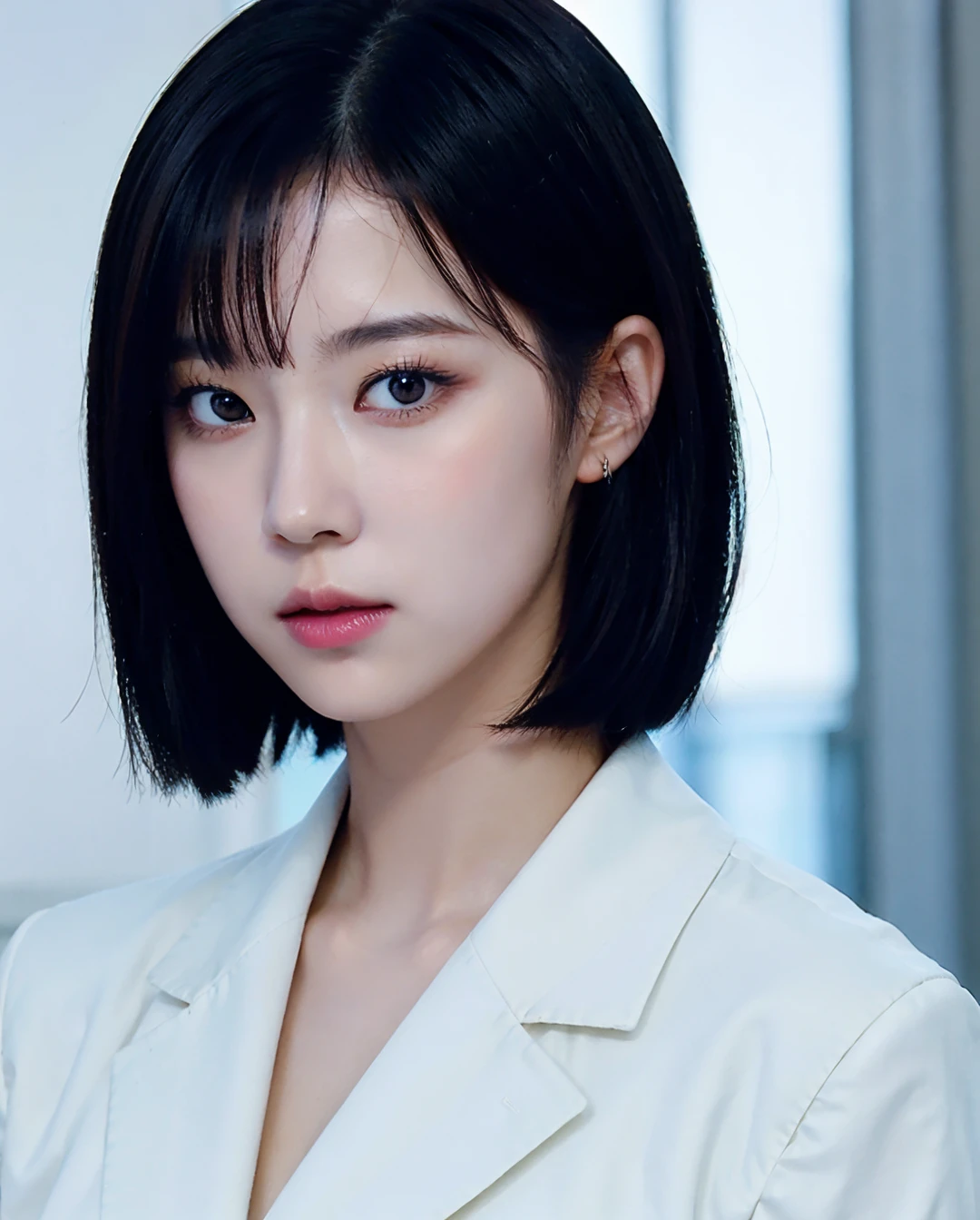 (((White collared shirt))), (((modern black trouse pants))), ((ideal body)), ((hazel eyes)), ((black hair)), ((medium short hair)), ((bright skin)), (((ultra-detailed))), ((illustration)), ((beautiful detailed eyes)), beautiful, amazing, detailed eyes, expressive eyes, solo, 1girl, 1 person, (((masterpiece))), (((realistic:1))), (((best quality))), (((first person view))), ((mafia pose)), ((professional studio lightning)), ((staring to viewer)), (smirk), (((close up portrait))), ((city skyline in the night background)).