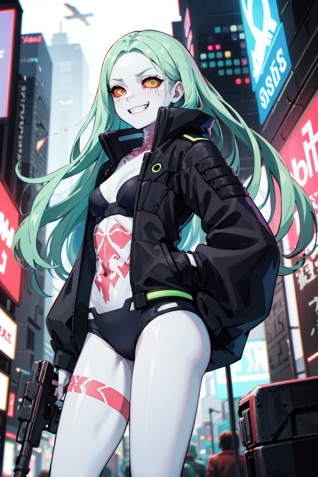 masterpiece, best quality, highres, 1girl, rebecca \(cyberpunk\), solo, long hair, mechanical eye, colored sclera, red sclera, colored skin, white skin, leg tattoo, neck tattoo, green hair, long hair, small breasts, underwear, fang, red pupils, skin fang, red eyes, black jacket, <lora:rebecca_v1:0.7>, standing, cowboy shot, straight-on, evil grin, outdoors,