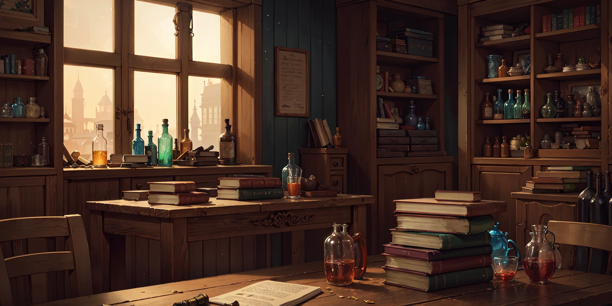no humans, table with glowing potion bottles, stack of coins, knife, books, still life, volumetric lighting, best quality, masterpiece, realistic
