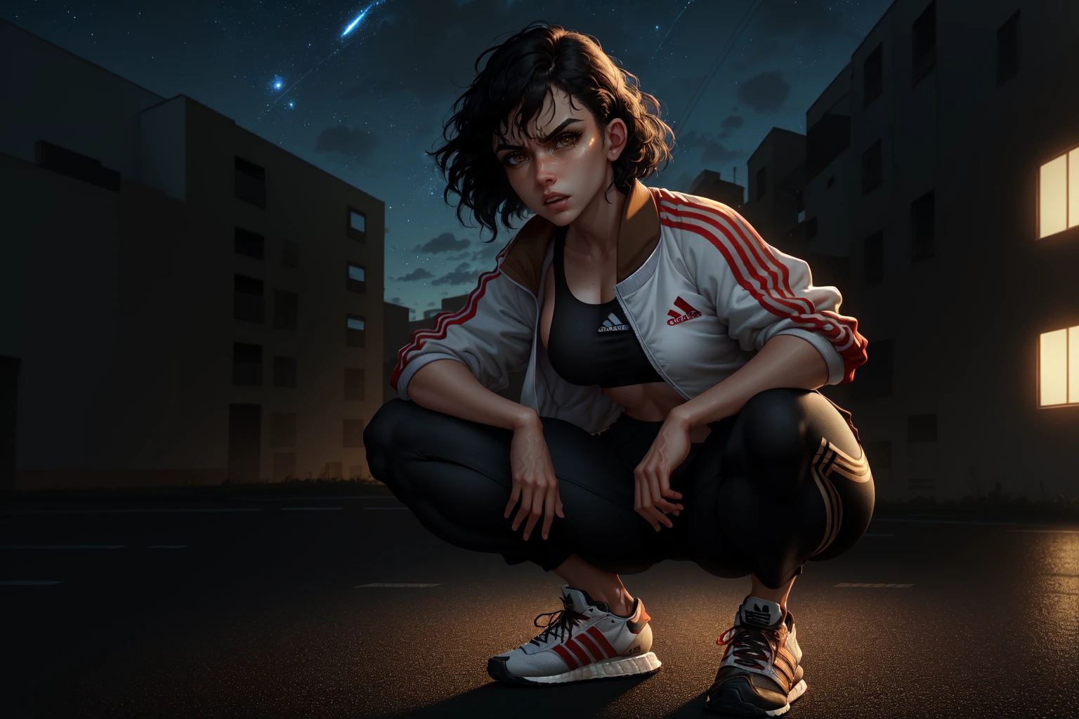 raw photo, hdr, rtxseries, 4K, 8K, HD, ((ultra realistic photo, best quality, masterpiece, realistic)), (freeze frame shot:1.23), (full body and head), (face focus:1.14), (redshift style), (freckles:0.7), (correct hand anatomy), ((natural skin texture)),
girl of Russian-Ukrainian roots, short hair, (black hair), brown eyes, thin waist, detailed eyes, detailed face, (look at viewer), (angry face),
Perfect ass, (perfect body), attractive, (small breast:1.15), squatting,
Dressed in ((sports jacket, sports pants, Adidas)), (activity:1.2),
In the background (russian panel houses), street, autumn, (night, sky, stars), <lora:theAestheticsOfPanel_v105:1>
black border, anime character, high detail, high quality, intricate, details, beautiful,