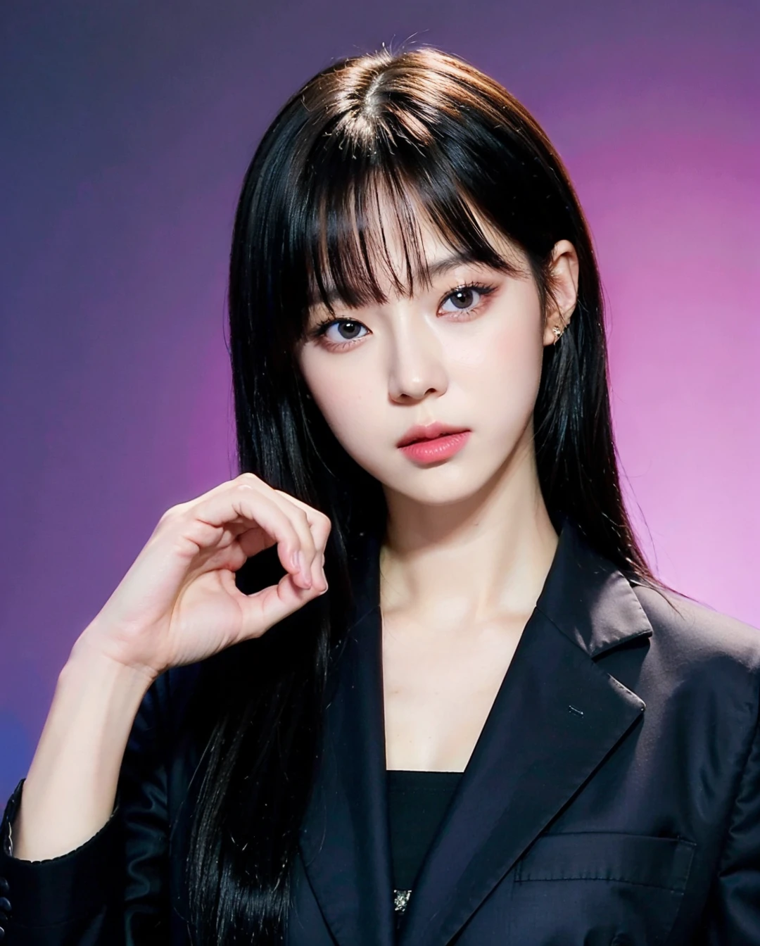 RAW, sharp focus, delicate, beautiful composition, best quality, (realistic), high quality, ultra detailed, (Real picture), (realistic skin), (intricate details), (latex skin:0.4), (detailed skin:1.3), (perfect glossy shiny skins:0.6), (beautiful eyes), round eyes, pretty face, Blushing face, glossy lips, high nose bridge, [:(detailed face:1.2):0.2], shiny eyes, instagram, (kpop idol, korean mixed), a face of perfect proportion, (high nose:0.7), realistic humid skin, red lips, Crimson (UA), (blue simple background, 8k uhd,high quality, film grain:1.7), photorealistic, (studio), (white blouse, black blazer:1.5), (lips, closed mouth, looking at viewer, 1girl eyes looking at viewer:1.6),  (pureerosface_v1:0.1), <lora:Winter Aespa:0.51>