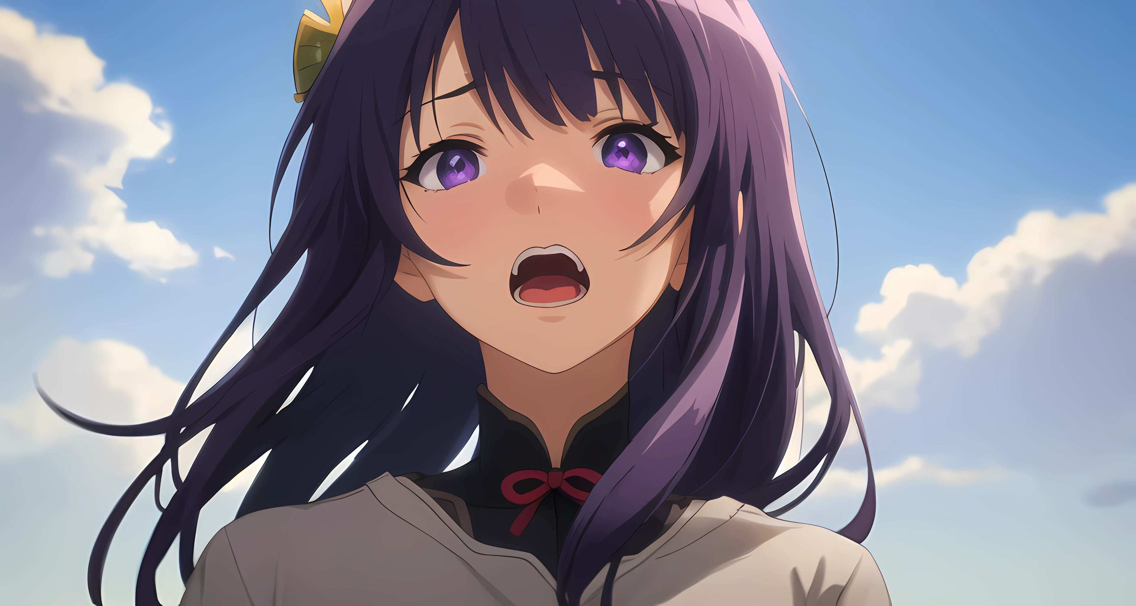 <lora:kyoto animation_artstyle_LoCon:0.5>, anime screencap, raiden shogun, kyoto animation screencap, solo, depth of field, purple eyes, face, tilt head, <lora:raiden shogun_LoRA:0.5>, film grain, shirt, heaven, clouds, godrays, in the sky shop, very long hair, standing, upper body, (screaming:1.15763),