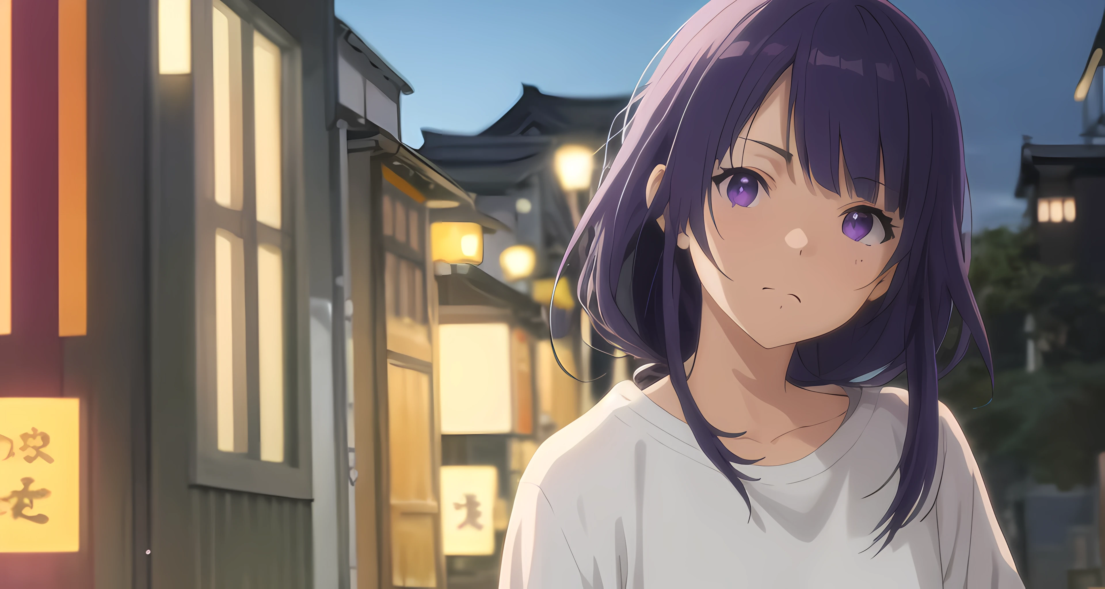 <lora:kyoto animation_artstyle_LoCon:0.5>, anime screencap, raiden shogun, kyoto animation screencap, solo, depth of field, purple eyes, face, tilt head, <lora:raiden shogun_LoRA:0.5>, depth of field, shirt, tokyo, tokyo cityscape, outdoors, night shop, very long hair, (look back:1.05),, upper body, (cringe:1.3401),