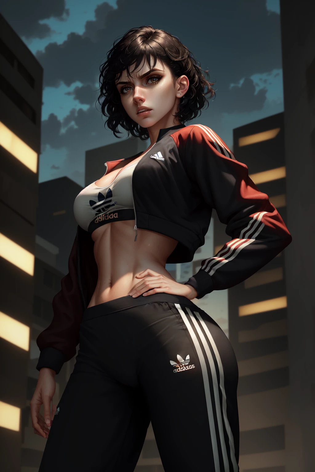 raw photo, hdr, rtxseries, 4K, 8K, HD, ((ultra realistic photo, best quality, masterpiece, realistic)), (from below:1.33), (face focus:1.14), (redshift style), (freckles:0.7), ((correct hand anatomy)), ((natural skin texture)),
girl of Russian-Ukrainian roots, short hair, (black hair), grey eyes, thin waist, detailed eyes, detailed face, (look at viewer), (angry face),
Perfect ass, (perfect body), attractive, (small breast:1.15), Standing in a fighting stance, (pussy:1.2),
Dressed in ((sports jacket, sports pants, Adidas)), (activity:1.2),
In the background (russian panel houses), street, autumn, (night, sky), <lora:theAestheticsOfPanel_v105:0.4>
black border, anime character, high detail, high quality, intricate, details, beautiful,