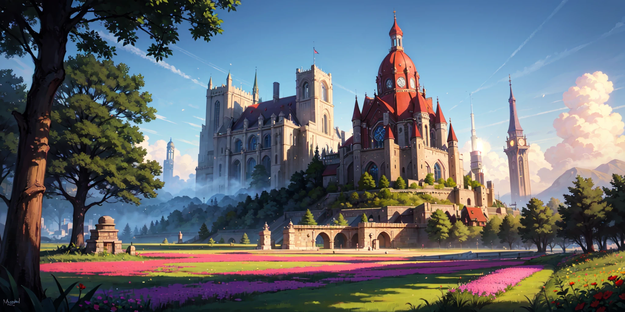 landscape, fantasy city, magic tower, trees, flowers, particles, day, sun, volumetric lighting, best quality, masterpiece, realistic