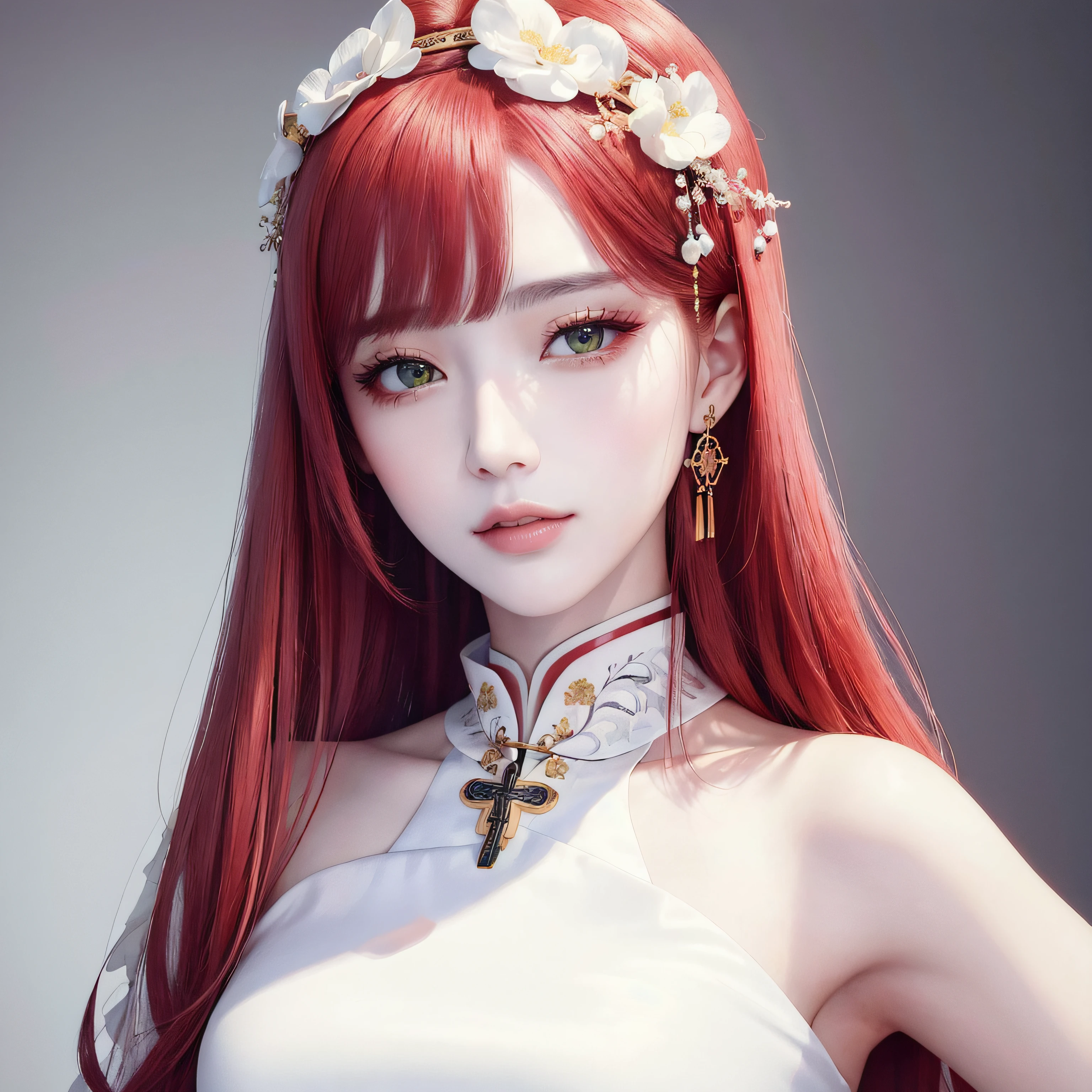 (masterpiece, best quality, 1girl, solo, intricate details, chromatic aberration), (Portraits:1.4),(realistic), (pureerosface_v1:0.3),((medium breath)),pink long hair,red head ornament, red highlights,green eyes, earrings,sharp eyes, extremely detailed eyes,(perfect symmetrical body), (pureerosface_v1:0.3),choker, opened jacket,(((white Chinese Cheongsam))),against wall,, dim lighting ,look at viewer, ,<lora:koreanDollLikeness_v15:0.2>