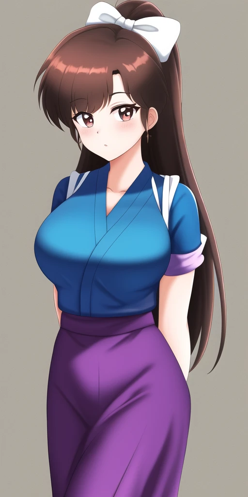 masterpiece, best_quality, highres, <lora:KuonjiUkyo:0.7>, KuonjiUkyo, large_breasts, solo, standing, arms_behind_back, hair_bow, brown_hair, UkyoOutfit