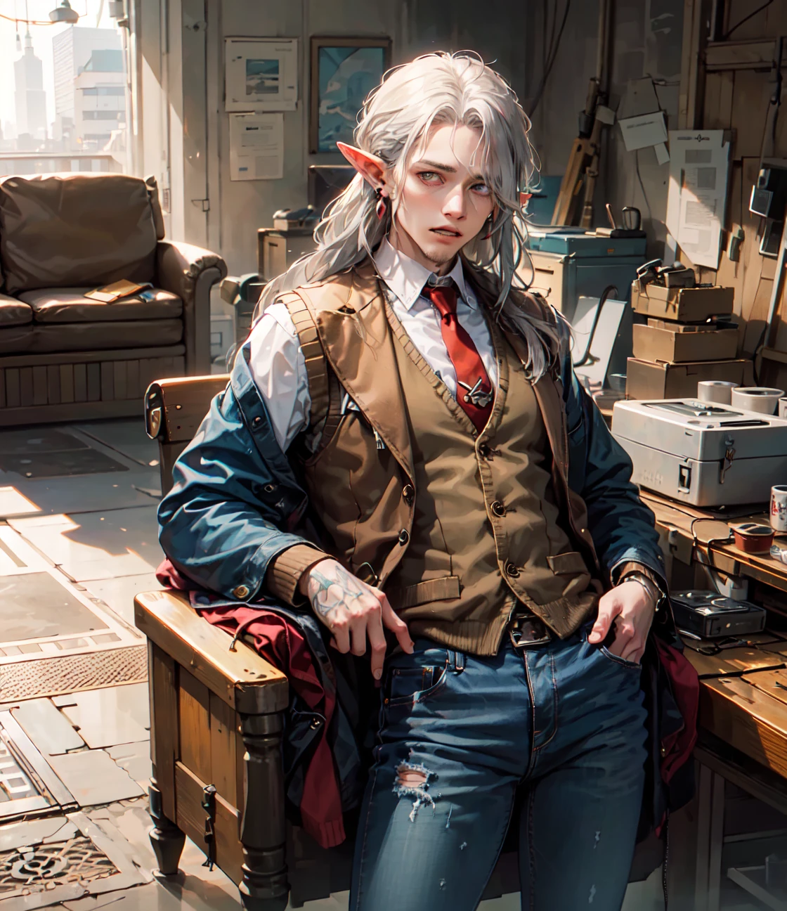 (((solo))), short sleeve brown cardigan vest, (((white long sleeve shirt under the vest))),(((red tie))),(black denim jeans), very long hair, streaked hair, silver hair, blue eye, (((droopy pointy ears))), white skin, smoke a tobacco pipe