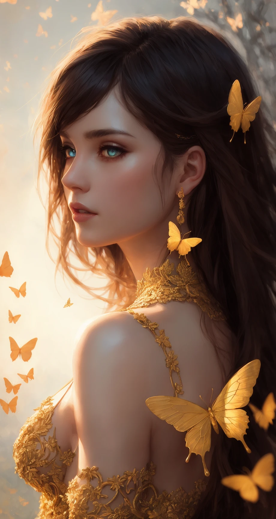 8k portrait of beautiful cyborg with brown hair, intricate, elegant, highly detailed, majestic, digital photography, art by artgerm and ruan jia and greg rutkowski surreal painting gold butterfly filigree, broken glass, (masterpiece, sidelighting, finely detailed beautiful eyes: 1.2), hdr,