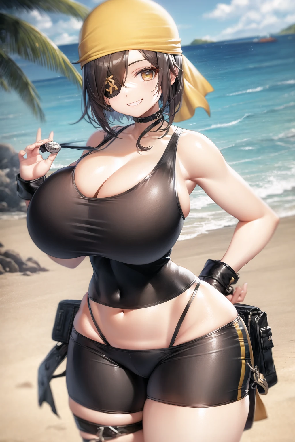 eyepatch, smile, looking at viewer, bandana, biker shorts, yellow tank top, beach, wide hips, large breasts, <lora:CutesyV2:0.6>