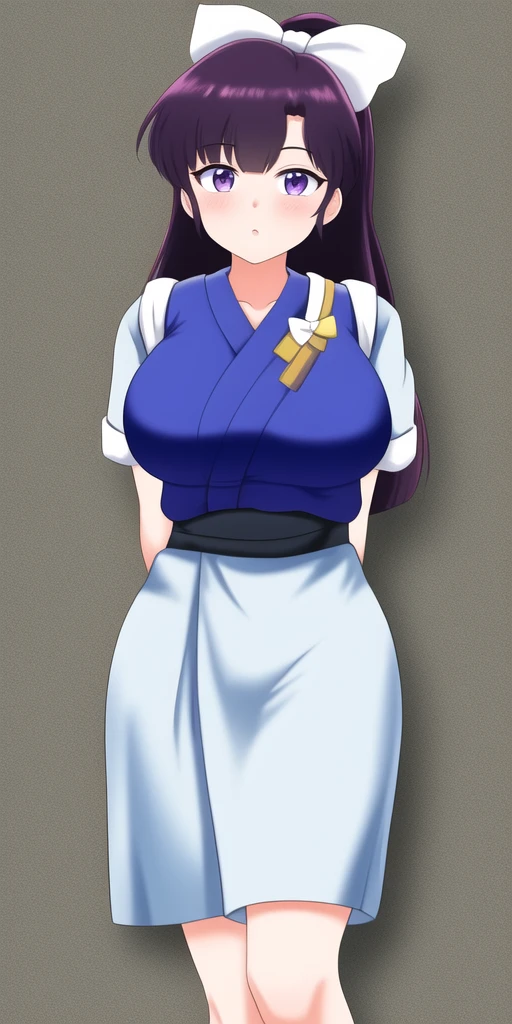 masterpiece, best_quality, highres, <lora:KuonjiUkyo:0.7>, KuonjiUkyo, large_breasts, solo, standing, arms_behind_back, hair_bow, UkyoOutfit