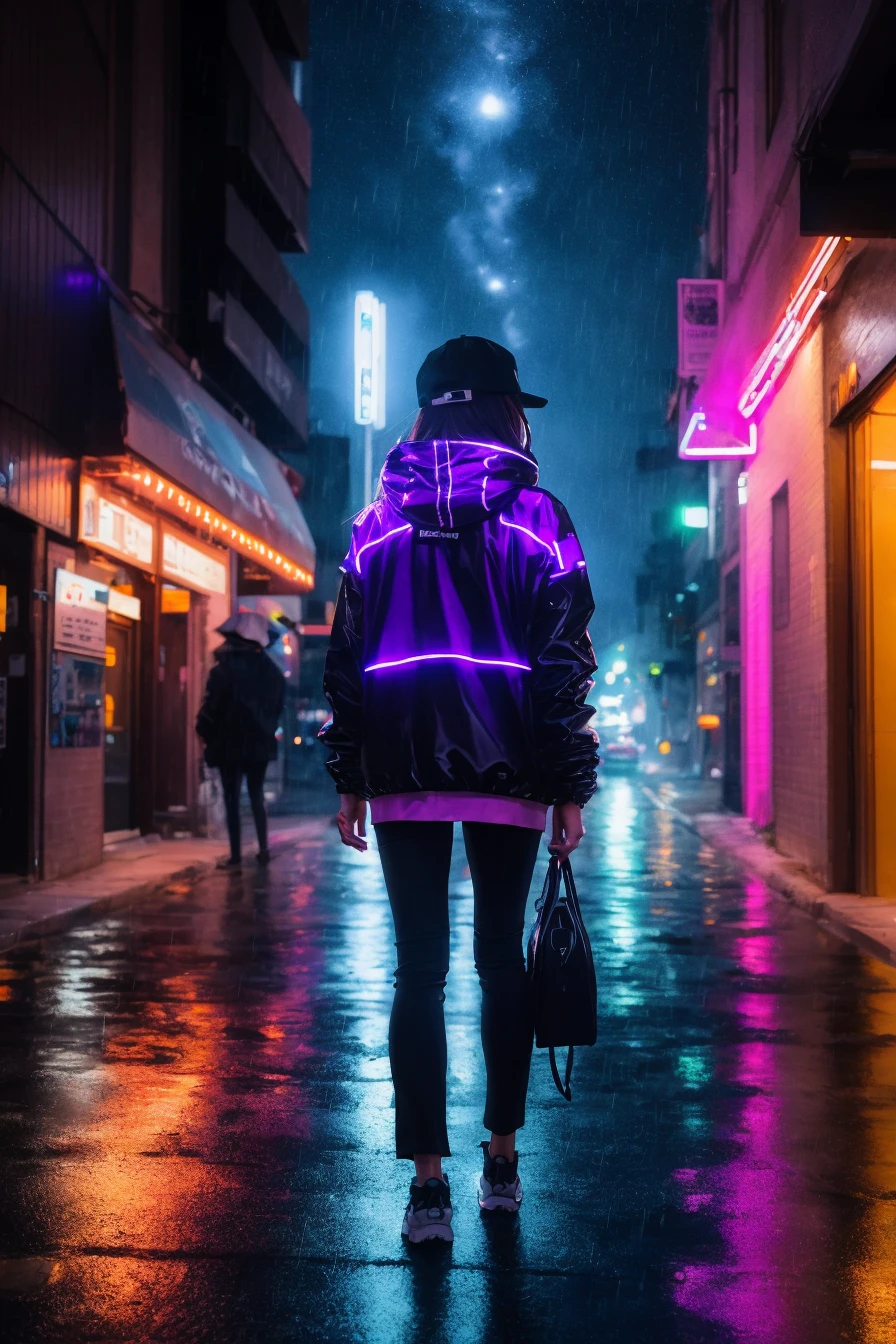 (masterpiece:1.2, best quality), (real picture, intricate details), raytracing, detailed face, extremely detailed CG unity 8k wallpaper, illustration, 1girl, long black hair, black cap, tall body, slender body, glowing purple eyes, gas mask covering whole face, tall slender body, black oversized jacket with purple lights, city landscape, back alley, neon lights, low camera angle shot, wide shot, full body shot, raining, night sky, isolated,